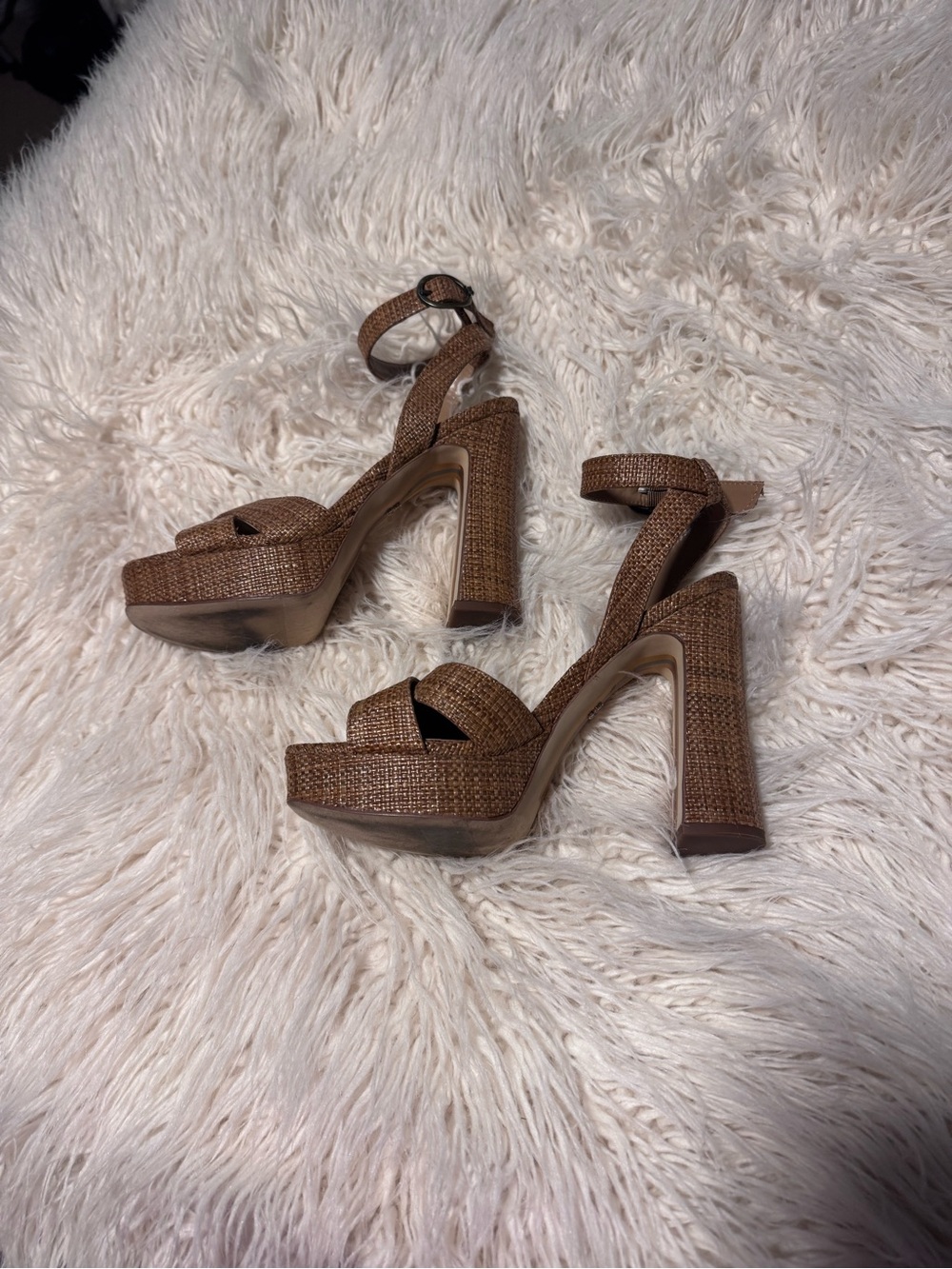 Sam Edelman Kayna Ankle Strap Heel Size 7 1/2 Platform Brown Weave - Picture 6 of 10